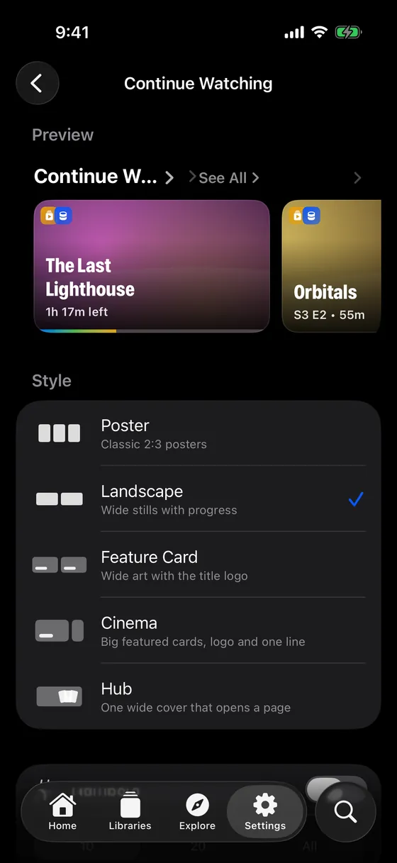 Choosing the style of the Continue Watching row on iPhone